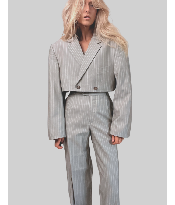 3-CZĘŚCIOWY TALIOWANY GARNITUR - szary prążek